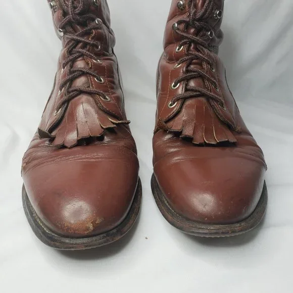 Vintage Justin Mens Sz 8 508 KILTIE ROPER Brown Leather Lace-up Boots - Picture 3 of 7